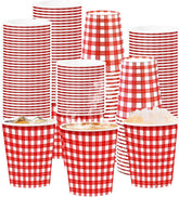 100Pcs Red Gingham Paper Cups 9oz - Red White Checkered Plaid Disposable Hot Cold Drinking Cups for BBQ Picnic Party - Grencian