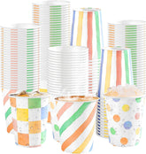100Pcs Summer Pastel Striped Spotty Paper Cups 9oz - Colorful Gingham Disposable Hot Cold Drinking Cups for Baby Shower Birthday - Grencian