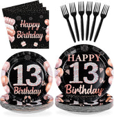 96 Pcs Black Pink 13th Birthday Party Plates and Napkins - Grencian