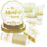 168 Pcs Adventure Party Scalloped Plates Napkins Cups and Forks - Grencian