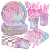 168 Pcs Iridescent Birthday Party Plates Napkins Cups and Forks - Grencian