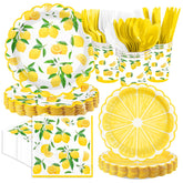 168 Pcs Lemon Party Scalloped Plates Napkins Cups and Forks - Grencian