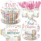 168 Pcs Pink Book 1st Birthday Party Plates Napkins Cups and Forks - Grencian