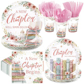 168 Pcs Pink Book Baby Shower Party Plates Napkins Cups and Forks - Grencian