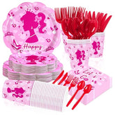 168 Pcs Pink Girl Party Plates Napkins Cups and Forks - Grencian
