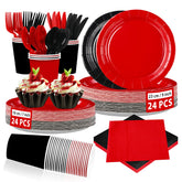 168 Pcs Red and Black Party Plates Napkins Cups and Forks - Grencian
