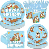 168 Pcs Blue Otter Birthday Party Plates Napkins Cups Set - Serves 24 image 1