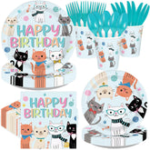 168 Pcs Cat Birthday Party Plates Napkins Cups Set - Serves 24 image 1