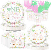 168 Pcs One Silly Goose 1st Birthday Plates Napkins Cups Set - Serves 24 image 1