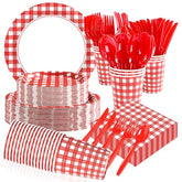168Pcs Red and White Gingham Paper Supplies - Grencian