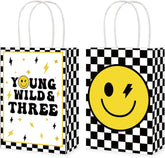 16Pcs Young Wild and Three Birthday Party Favor Bags Yellow Smile Face Goodie Bags - Grencian