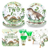 170 Pcs Dinosaur 2nd Birthday Plates Napkins Cups Forks Tablecloth - Grencian
