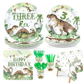 170 Pcs Dinosaur 3rd Birthday Plates Napkins Cups Forks Tablecloth - Grencian
