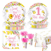170 Pcs Pink Bee 1st Birthday Plates Napkins Cups Forks Tablecloth - Grencian
