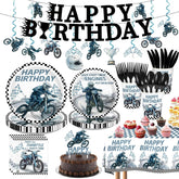 189Pcs Dirt Bike Birthday Party Supplies - Motorcycle Plates Napkins Cups Cutlery Tablecloth Banner Cake Topper Serves 24 - Grencian