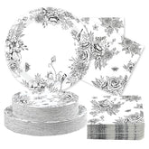 200 Pcs Black Floral Party Plates and Napkins - Grencian