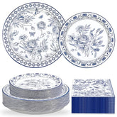 200 Pcs Blue Floral Party Plates and Napkins - Grencian