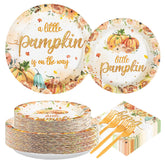 200 Pcs Orange Pumpkin Baby Shower Party Plates and Napkins - Grencian