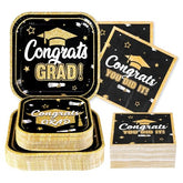 200 Pcs Graduation Party Plates and Napkins Black Gold - Grencian