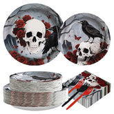 200 Pcs Halloween Skull Rose Party Plates and Napkins - Grencian