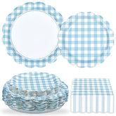 200 Pcs Light Blue Gingham Scalloped Party Plates and Napkins - Grencian