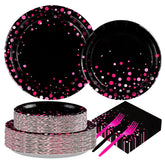 200 Pcs Pink Dots on Black Party Plates and Napkins - Grencian