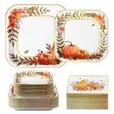 200 Pcs Pumpkin Wreath Square Party Plates and Napkins - Grencian