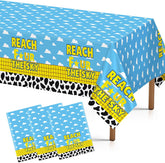 3Pcs 4th Birthday Cartoon Story Tablecloth 54" x 108" - Reach Four the Sky Blue Sky Plastic Table Cover for Boys - Grencian