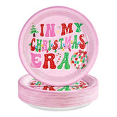 50 Pcs 10 Inch Pink Christmas Party Paper Plates - Grencian