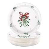 50 Pcs 10 Inch Xmas Mistletoe Bow Party Paper Plates - Grencian