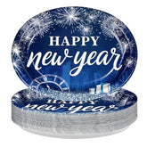 50 Pcs Blue Happy New Year Oval Party Paper Plates - Grencian