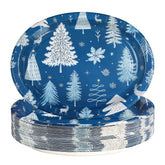 50 Pcs Blue White Xmas Tree Oval Paper Plates - Grencian