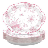 50Pcs Pink Floral Scalloped Oval Paper Plates - Grencian