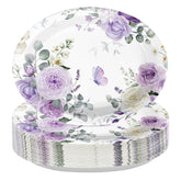 50 Pcs Purple Floral Oval Party Paper Plates - Grencian
