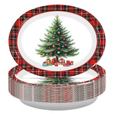 50 Pcs Red Plaid Xmas Tree Oval Paper Plates - Grencian