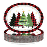 50 Pcs Red Plaid Xmas Trees Oval Paper Plates - Grencian