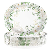 50 Pcs White Floral Oval Party Paper Plates - Grencian