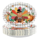 50Pcs Autumn Buffalo Plaid Turkey Oval Paper Plates - Grencian