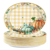 50Pcs Fall Gingham Pumpkin Oval Paper Plates - Grencian