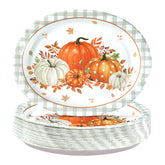 50Pcs Gray Plaid Orange Pumpkin Oval Paper Plates - Grencian