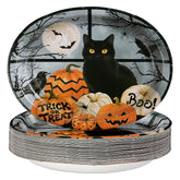 50Pcs Halloween Black Cat Pumpkin Oval Paper Plates - Grencian