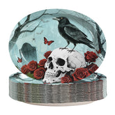 50Pcs Halloween Rose Crow Skull Oval Paper Plates - Grencian