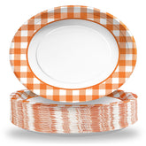 50Pcs Orange and White Plaid Oval Paper Plates - Grencian