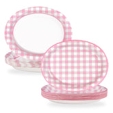 50Pcs Pink Gingham Oval Paper Plates - Grencian