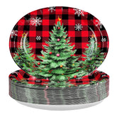 50Pcs Red Black Plaid Xmas Tree Oval Paper Plates - Grencian