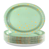 50Pcs Sage Green and Gold Dots Oval Paper Plates - Grencian