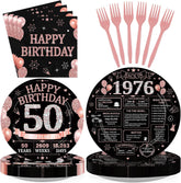 50th Birthday Black Rose Gold Plates & Napkins - 96 Pcs, Serves 24 - Grencian