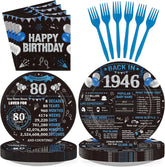 96 Pcs Black Blue 80th Birthday Party Plates and Napkins - Grencian
