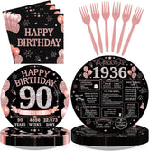 90th Birthday Black Rose Gold Plates & Napkins - 96 Pcs, Serves 24 - Grencian