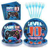96 Pcs 10th Birthday Video Game Party Plates and Napkins - Grencian